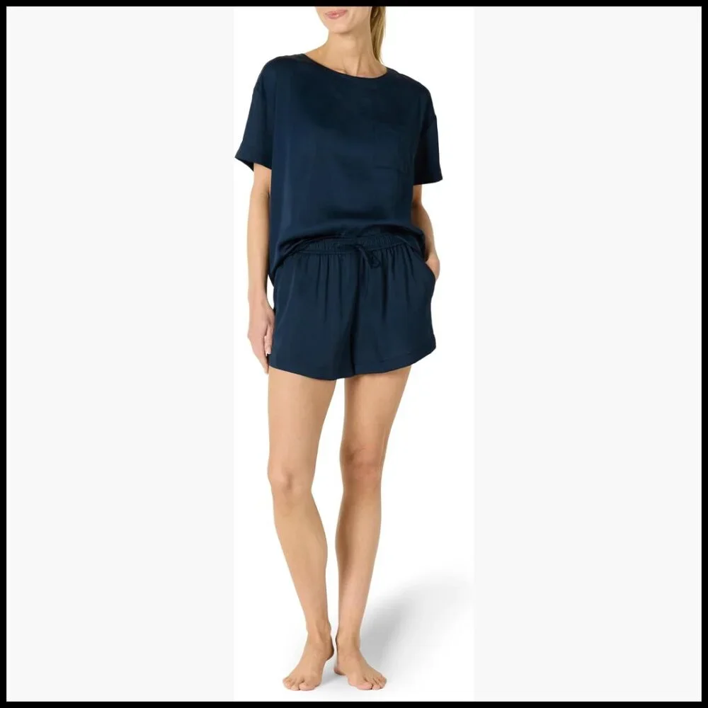 Satin Pajama Top and Shorts Set, Relaxed Fit, Lightweight